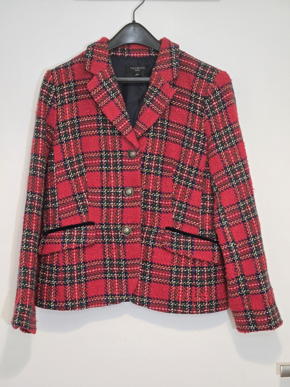 Talbots Wool Red Black Green Plaid Tweed Blazer Jacket Womens 10P Petite